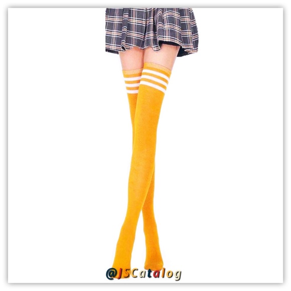Yellow w/ White Stripes Cotton Thigh High Socks OS - Picture 2 of 5